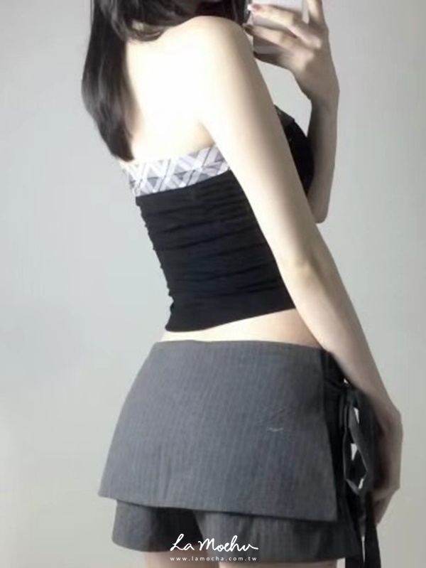 中腰綁帶條紋褲裙